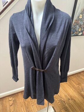 RANI ARABELLA Wool Cashmere Draped Cardigan Sweater Navy Blue Medium